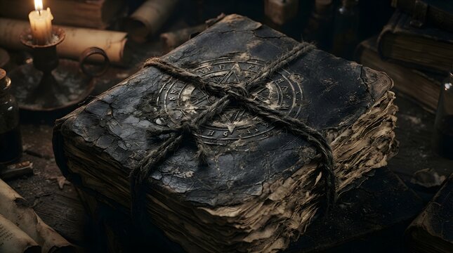 Old weathered grimoire tied with rope on a rustic wooden desk with candle