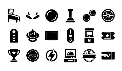 Pinball Black Glyph Icon Pack with Arcade Machine Flippers and Retro Game Symbols © Sajjad