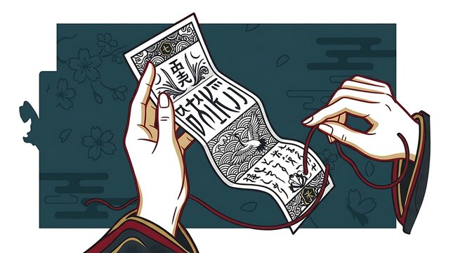 Hands holding a japanese fortune paper with a red thread of fate