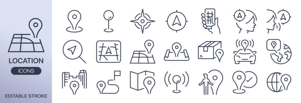 Location icon set. It includes map, pin, navigation, route, and more icons. Editable Vector Stroke. 