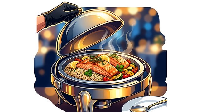 Gourmet grilled salmon served in a silver chafing dish