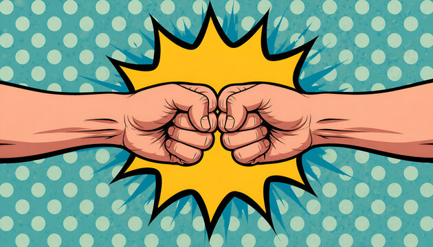 Two hands performing a fist bump gesture on a retro comic pop art background
