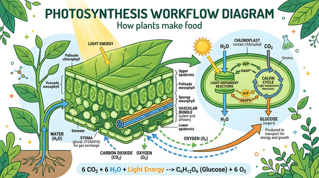 Photosynthesis workflow diagram how plants make food using light energy carbon dioxide and water system.