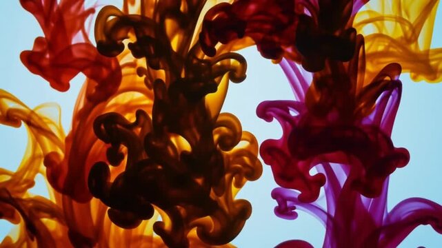 Vibrant abstract ink swirling in water backdrop, colorful fluid acrylic paint drops mixing with orange, purple, and red cloud textures
