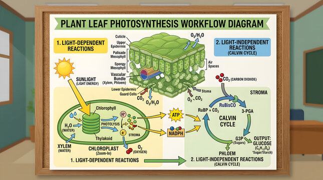 Plant leaf photosynthesis workflow diagram illustrating light dependent and light independent reactions.