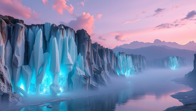Fantasy landscape with giant glowing celestite crystal cliffs next to a misty river under twilight sky