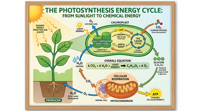 Photosynthesis energy cycle diagram showing light dependent and independent reactions.