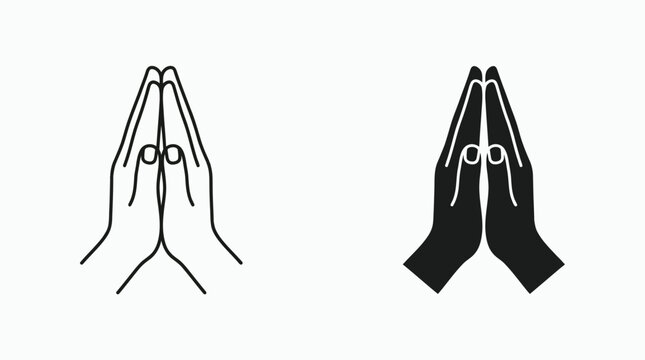 Praying hands outline and solid glyph icons representing faith