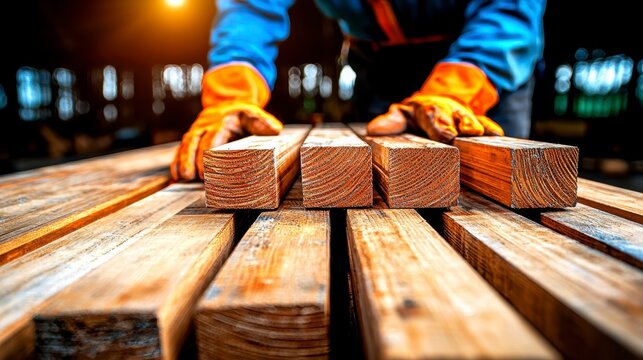 Industrial Worker's Hands in Protective Gloves Arranging Timber Planks with Dramatic Lighting
