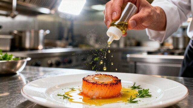 Professional chef dripping olive oil and herbs onto gourmet seared salmon dish in restaurant kitchen, action shot.
