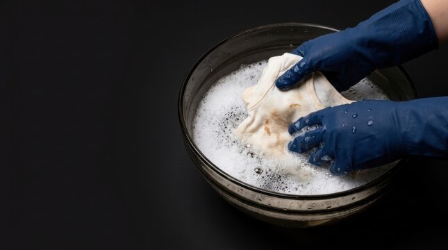 Hands in blue gloves wash a stained garment in a soapy water filled glass bowl baby care