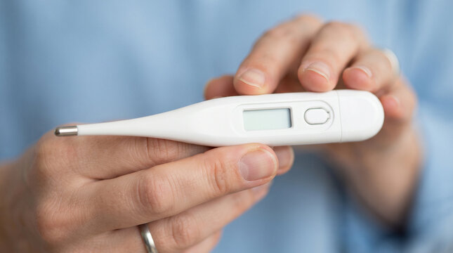 A person holding a white digital thermometer in their hands, checking the temperature, with ad social media download thambnail poster web template event festival 2026 2027 2028