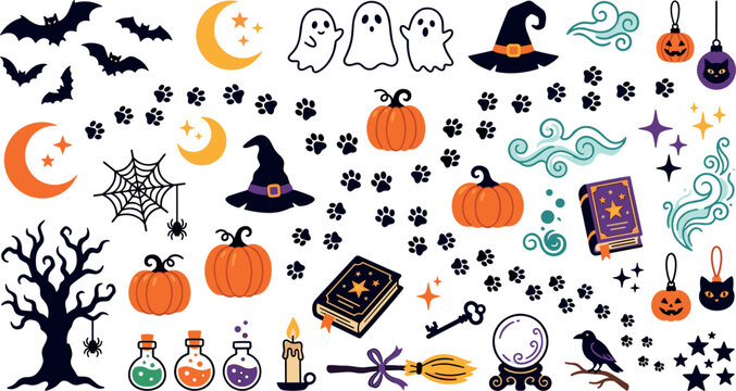Spooky occult magic pattern icons with black cats lanterns candles ravens footprints and starry night sky vector graphics, 18 words.
