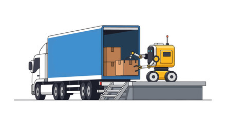 Naklejka premium Forklift Unloading Truck with Boxes.