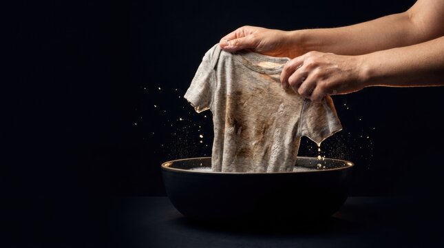 Hands washing a dirty gray t shirt in a bowl of soapy water with suds splashing baby care