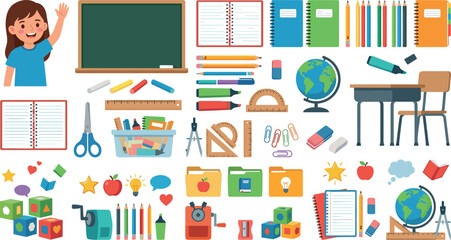 Back to school vector illustration element set featuring flat icons of student girl blackboard desk notebooks pencils and classroom supplies © Monirul
