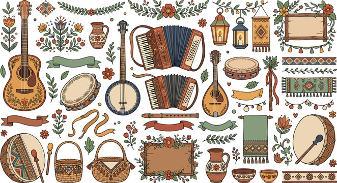 Traditional folk music festival vector element pack featuring acoustic guitar accordion banjo tambourine drums lanterns and rustic floral decorations.
