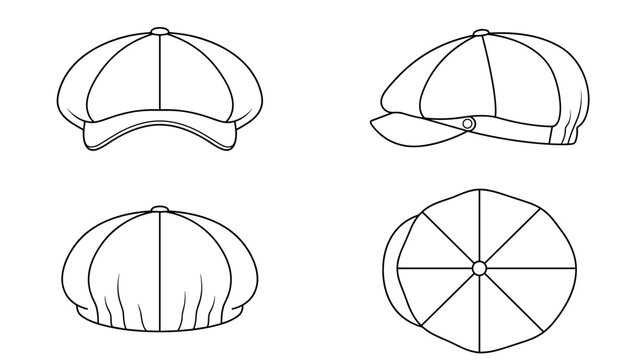 Newsboy Flat Cap Technical Drawing Illustration Blank Streetwear Mock-up Template for Design and Tech Packs CAD Ivy Gatsby Style