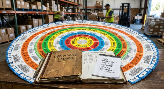 Logistics Operations Mandala with Ledgers in a Warehouse Setting