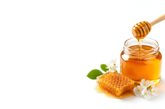 Honey jar with wooden dipper isolated on white background
