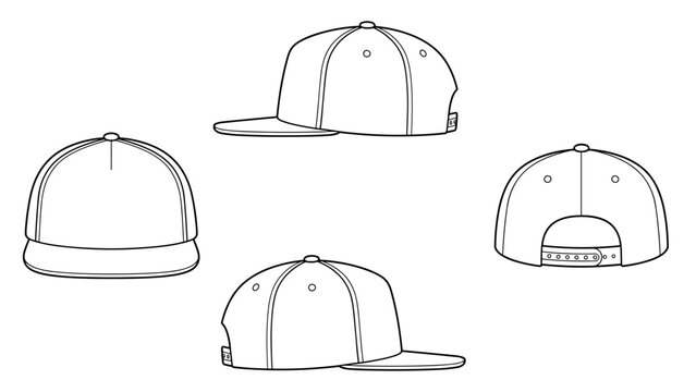 Snapback Flat Brim Cap Technical Drawing Illustration Blank Streetwear Mock-up Template for Design and Tech Packs CAD Urban Street Style