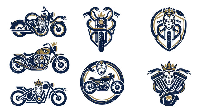 Collection of vintage motorcycle logo designs featuring snakes, crowns, and tribal masks. Navy blue and gold emblem vector set for custom chopper clubs and biker lifestyle branding.