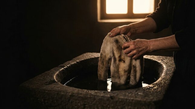 Woman's hands wash a coarse fabric garment in a stone basin with dark water baby care