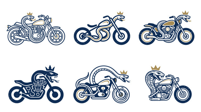 Set of six vintage motorcycle and crowned snake illustrations. Retro custom chopper graphics with cobra serpents and gold crowns. Minimalist biker emblem icons for apparel design.