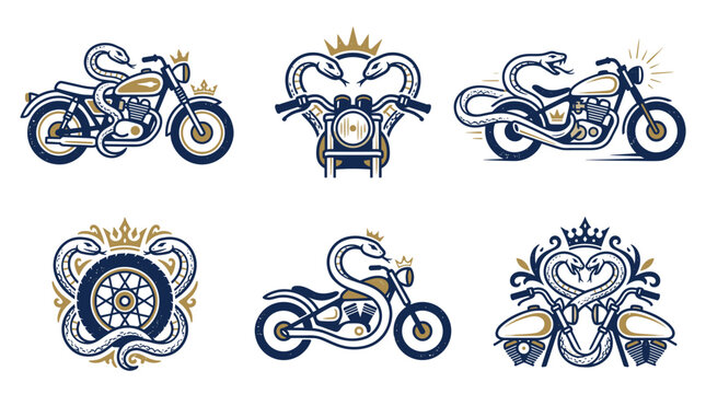 Vintage motorcycle and snake emblem set featuring retro bikes, coiled cobras, crowns, and tires. Ideal for custom garage branding, biker apparel, and mascot designs.