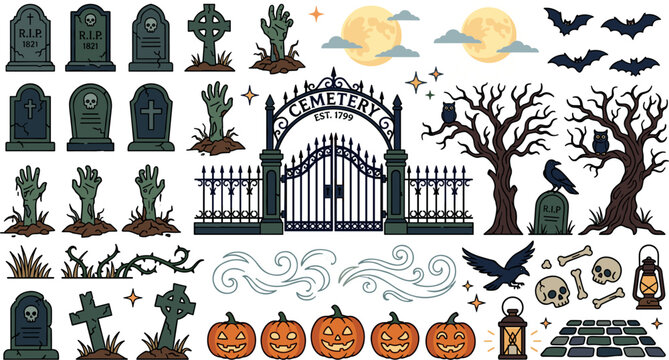 Halloween cemetery vector element set with flat icons of spooky tombstones spooky trees gate pumpkin lanterns and zombie hands