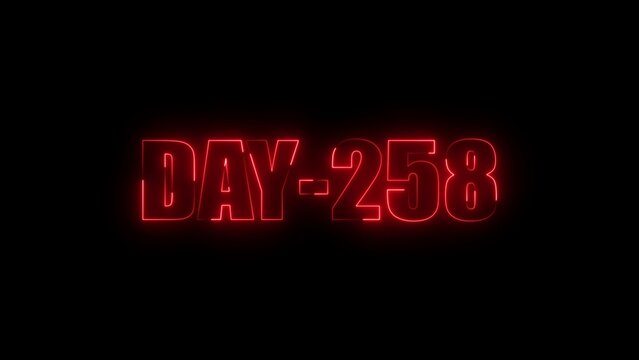 Glowing red neon text displaying day 258 against a solid black background, digital typography signage