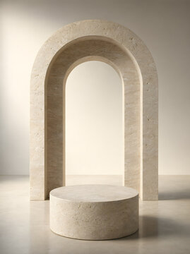 Luxury Beige Travertine Arch with Circular Podium Premium Architectural Display Background