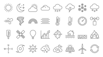 Obraz premium Weather icons set provides a visual representation of various atmospheric conditions and environmental climate patterns.