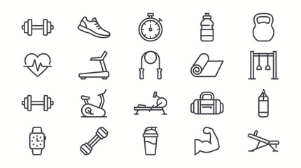 Fototapeta premium Fitness icons collection illustrates various gym equipment and health-related activities for modern training programs.