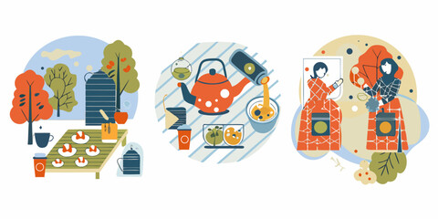 Fototapeta premium Tea Ceremony Scenes Flat Vector Illustration With Geometric Shapes