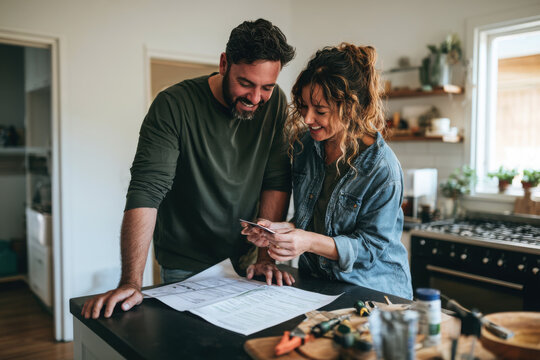 Happy couple reviewing renovation plans and budget in their kitchen while using a smartphone to compare ideas before starting a home improvement project.