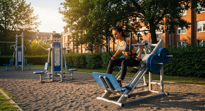 Woman exercising on leg press machine. Female athlete training at outdoor public gym.