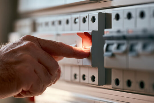 Close view of a hand testing a circuit breaker inside a residential electrical panel during routine household safety maintenance.