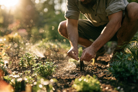 Homeowner adjusting a drip irrigation sprinkler in a garden bed to improve water efficiency and maintain healthy plants during routine landscape care.