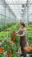 Fototapeta premium Young Woman Working in Organic Vegetable Greenhouse