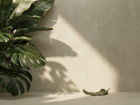 Potted monstera plant in sunny corner casting dramatic shadow on beige wall