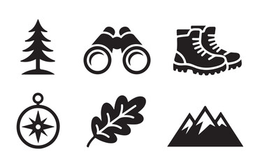 Fototapeta premium Set of six essential camping and nature icons for outdoor activities and travel design elements.