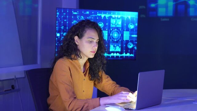 Business professionals collaborating in a modern office, analyzing digital dashboards and financial data, discussing market trends, business performance, data visualization, strategic planning.