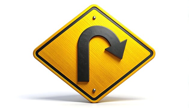 Yellow diamond U-turn road traffic sign isolated on white background 3D rendering illustration of turn back warning symbol