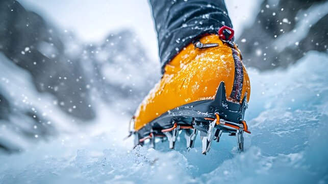 Close-up of bright orange crampons gripping icy terrain during mountain climbing adventure. Snowy alpine environment highlights gear essential for safety and traction on frozen surfaces.