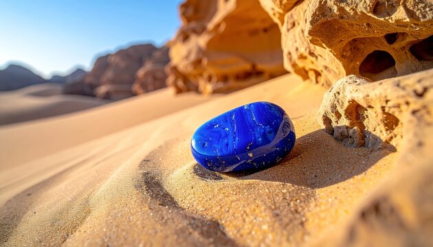 Vibrant Lapis Lazuli Gemstone Resting on Desert Sand Dunes.