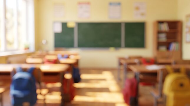 Empty classroom with desks and chairs facing a chalkboard in a bright school setting to represent back to school and academic preparation for students and teachers