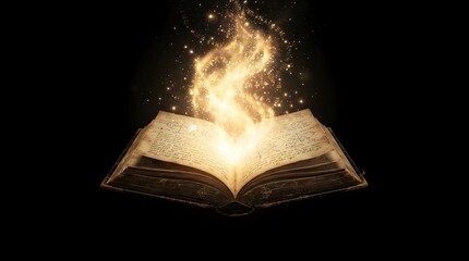 Open ancient spell book with glowing magical energy and floating runes on black background © ASHRAFURRAHMAN