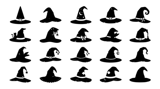 Witch hats silhouettes set with black vector illustrations featuring Halloween, magic, and spooky with moon and stars and mystical symbols