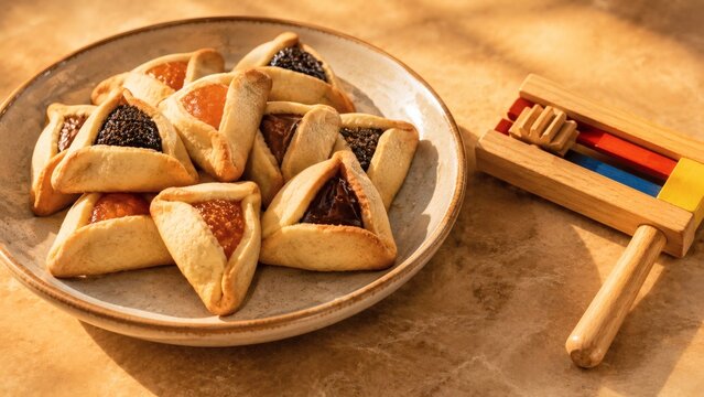 Traditional hamantaschen pastries with poppy, apricot, and chocolate fillings on a plate